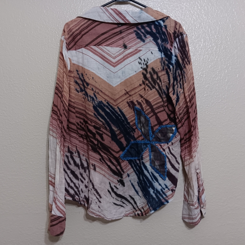 Galadriel Mattei Tan Burgundy White Stripe Cotton Button Front Shirt Top - Picture 3 of 4